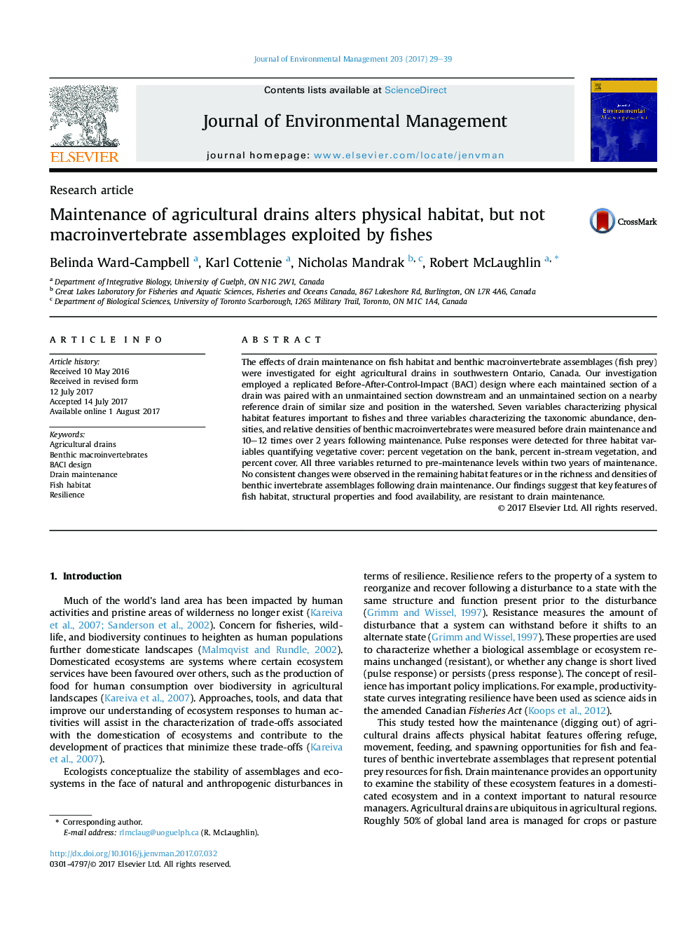 Maintenance of agricultural drains alters physical habitat, but not macroinvertebrate assemblages exploited by fishes