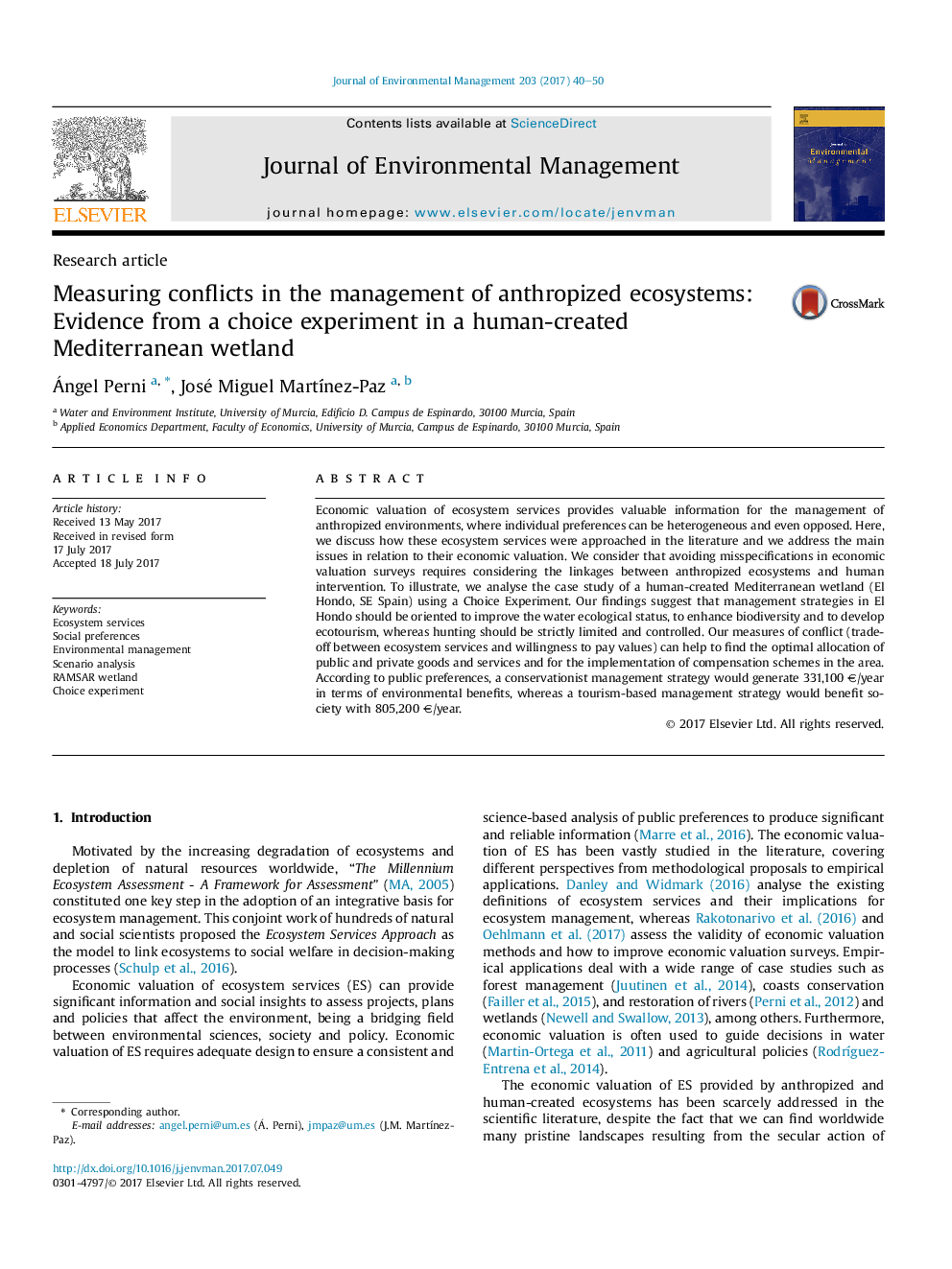 Measuring conflicts in the management of anthropized ecosystems: Evidence from a choice experiment in a human-created Mediterranean wetland