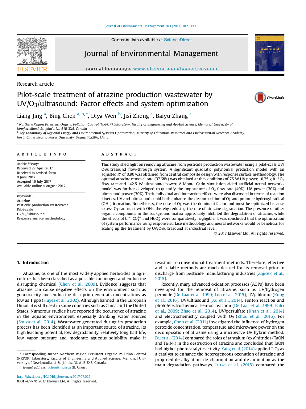 Pilot-scale treatment of atrazine production wastewater by UV/O3/ultrasound: Factor effects and system optimization