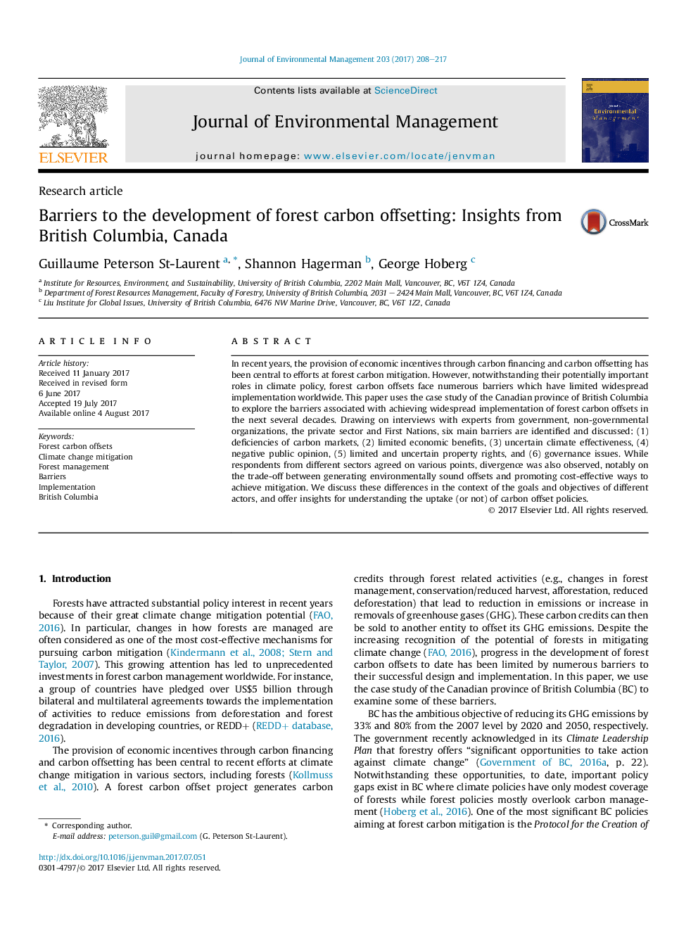 Barriers to the development of forest carbon offsetting: Insights from British Columbia, Canada