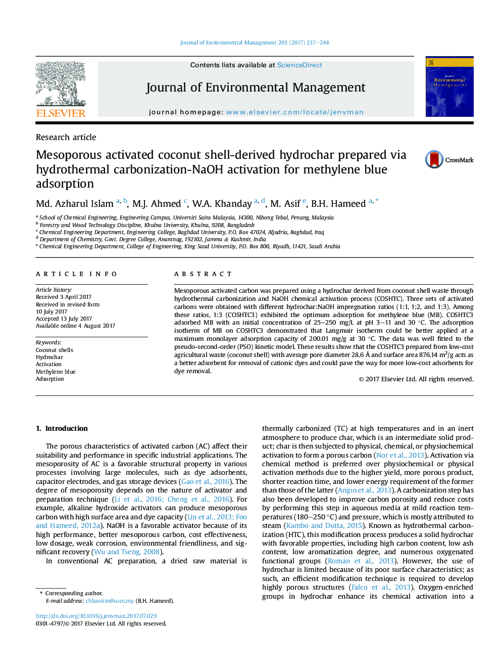 Mesoporous activated coconut shell-derived hydrochar prepared via hydrothermal carbonization-NaOH activation for methylene blue adsorption