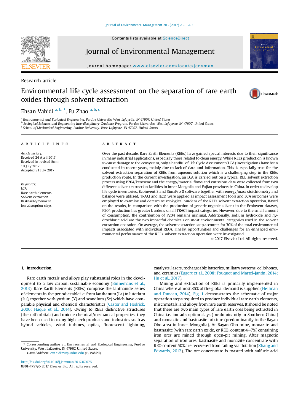 Environmental life cycle assessment on the separation of rare earth oxides through solvent extraction