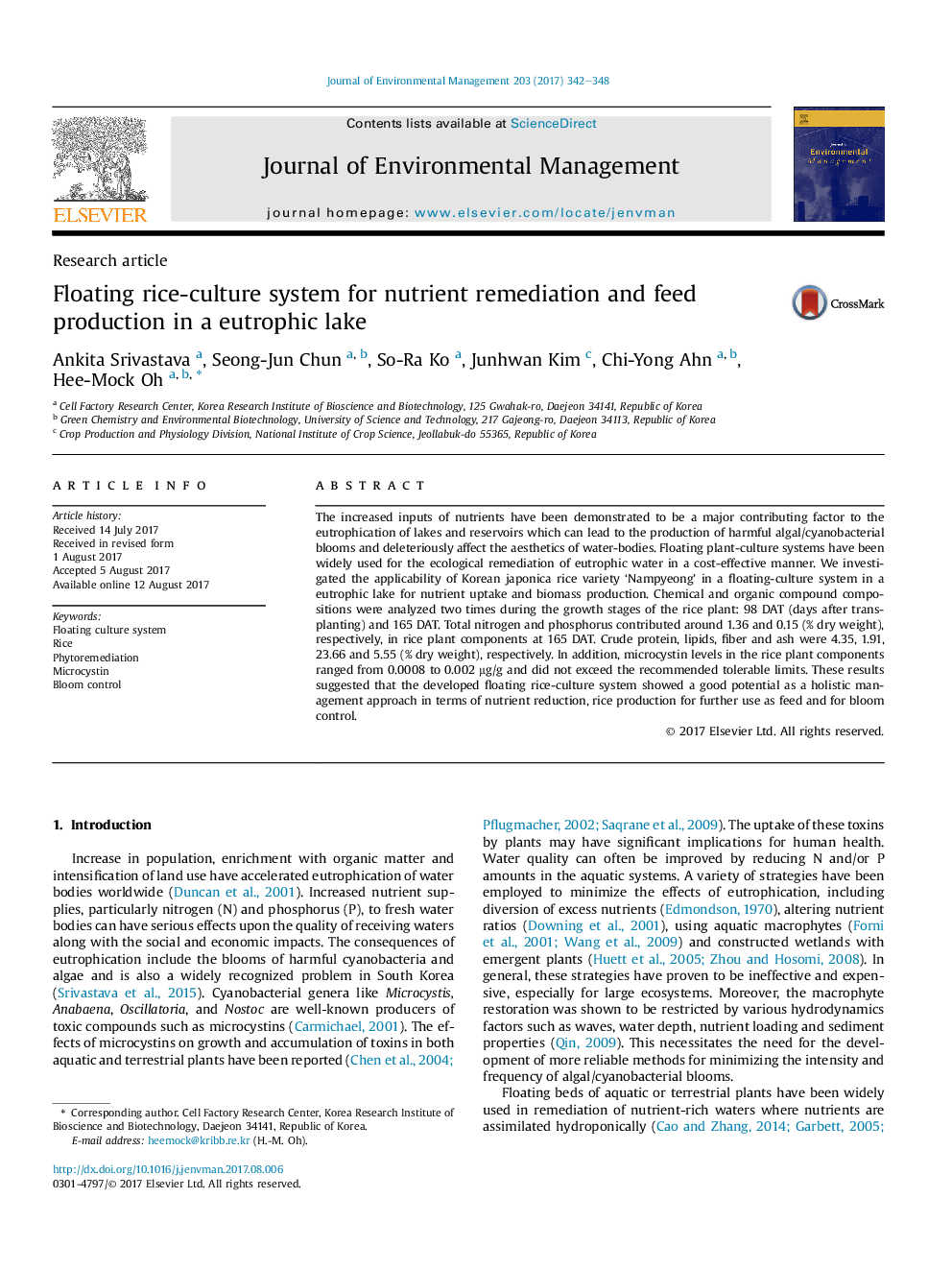 Floating rice-culture system for nutrient remediation and feed production in a eutrophic lake