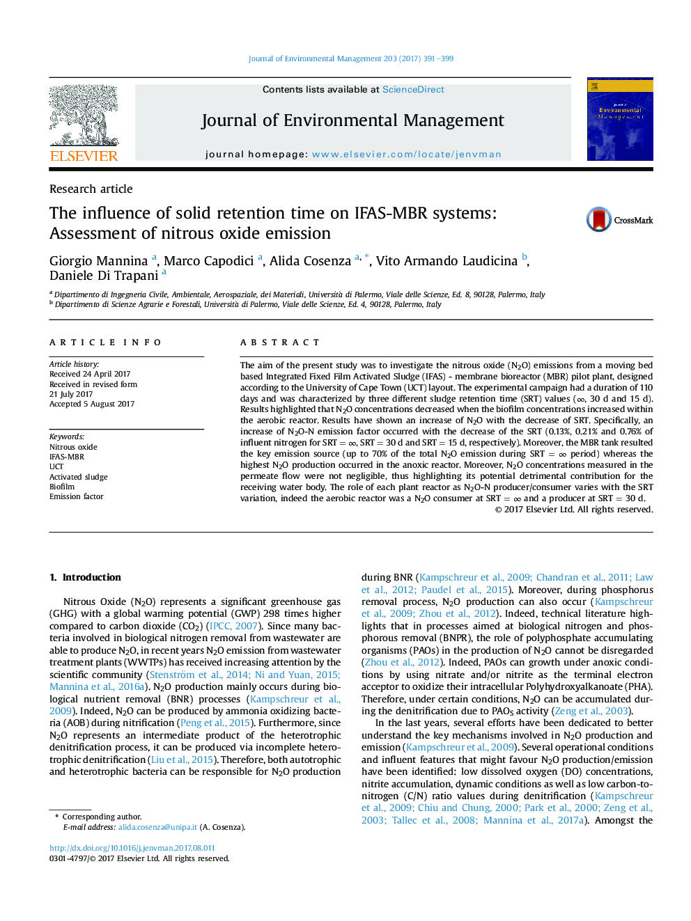 The influence of solid retention time on IFAS-MBR systems: Assessment of nitrous oxide emission