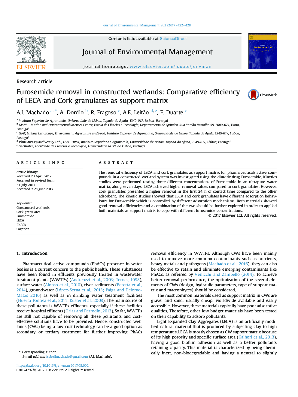 Furosemide removal in constructed wetlands: Comparative efficiency of LECA and Cork granulates as support matrix