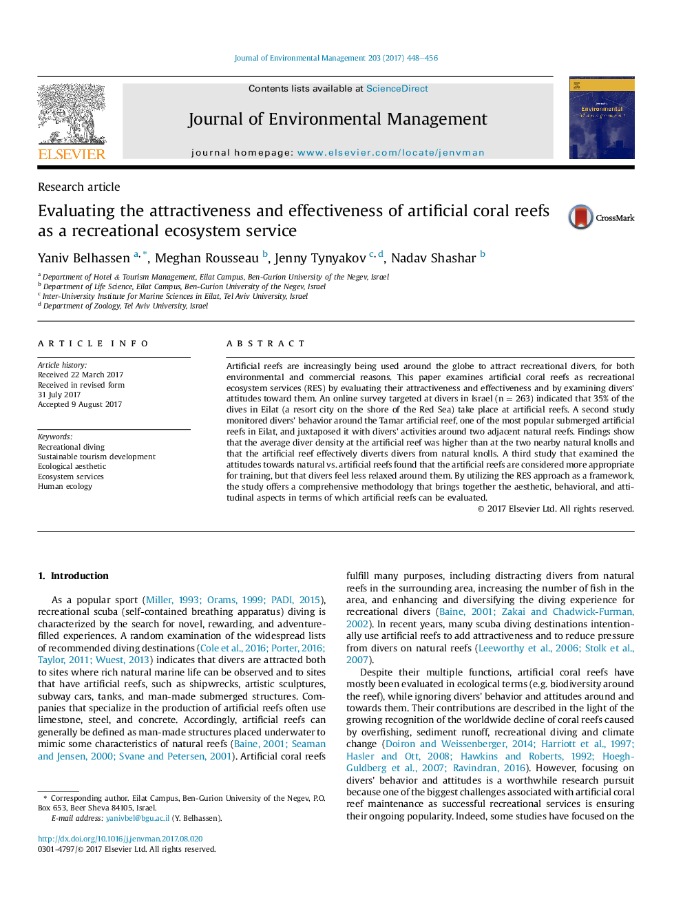 Evaluating the attractiveness and effectiveness of artificial coral reefs as a recreational ecosystem service