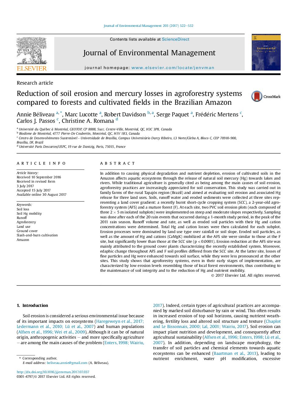 Reduction of soil erosion and mercury losses in agroforestry systems compared to forests and cultivated fields in the Brazilian Amazon