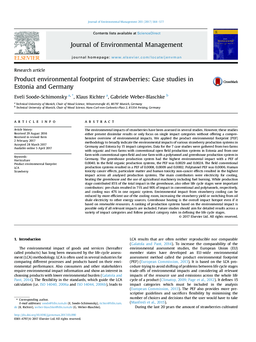 Product environmental footprint of strawberries: Case studies in Estonia and Germany