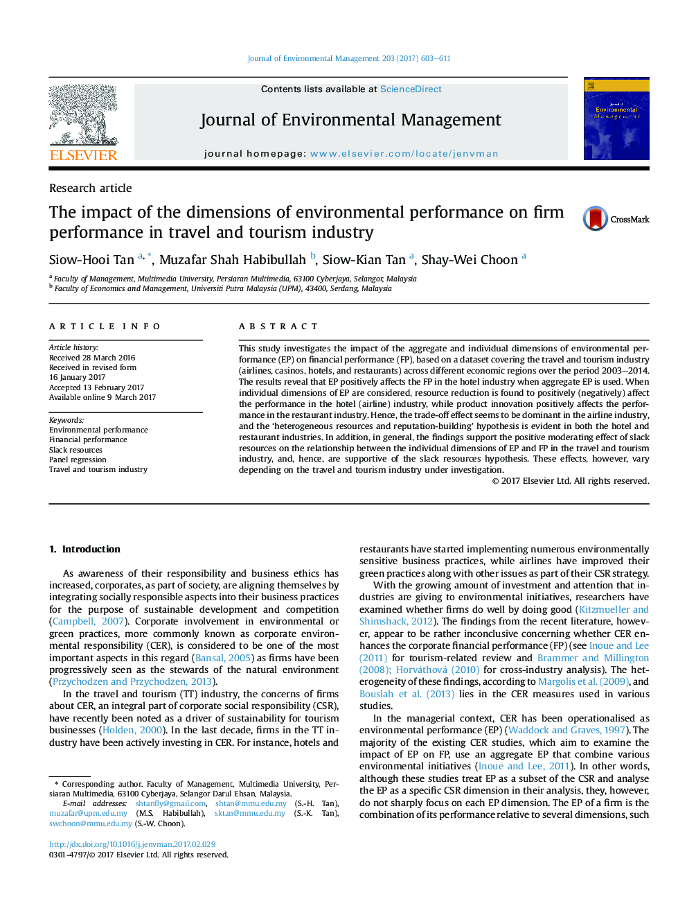 The impact of the dimensions of environmental performance on firm performance in travel and tourism industry