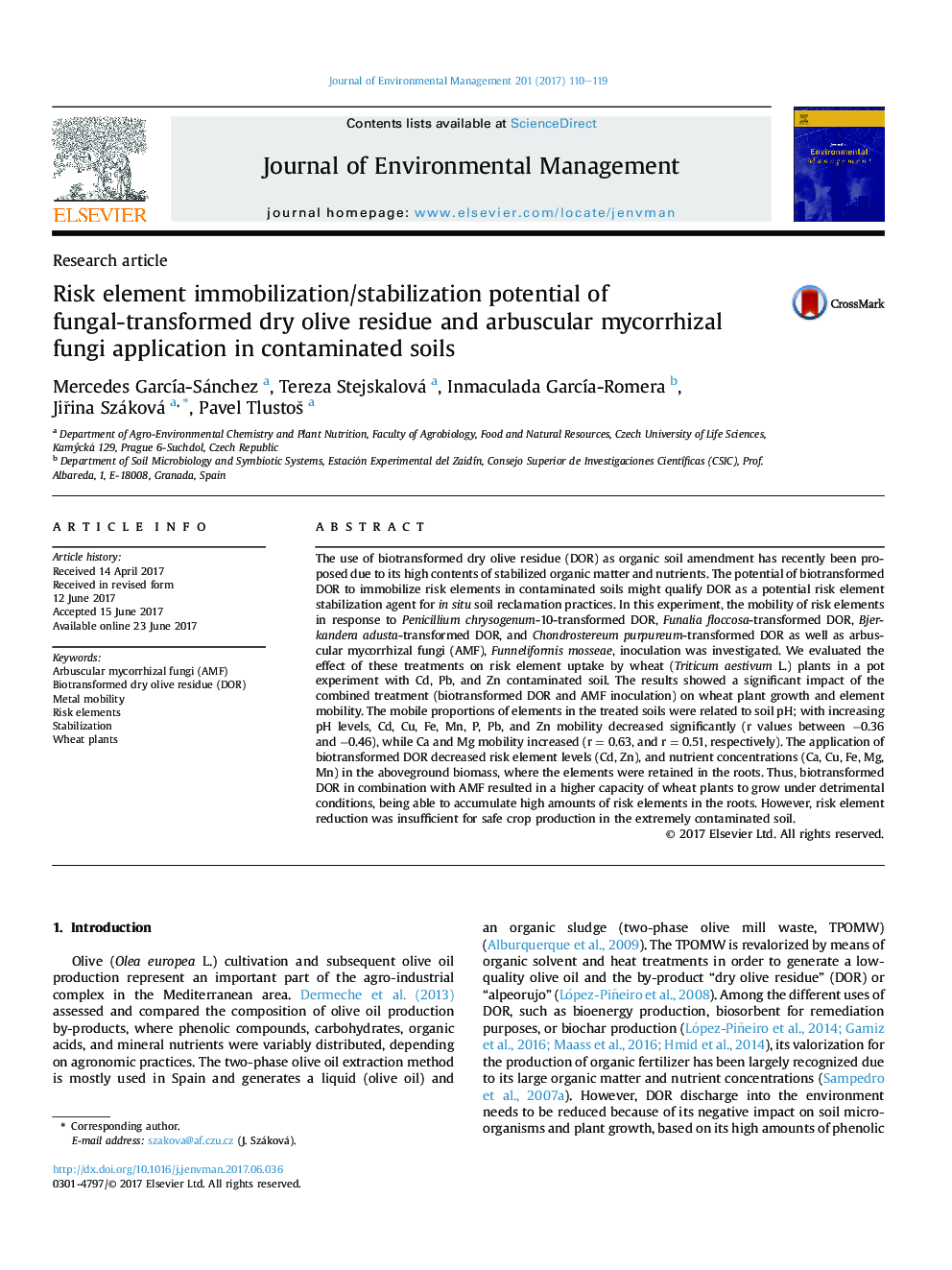 Risk element immobilization/stabilization potential of fungal-transformed dry olive residue and arbuscular mycorrhizal fungi application in contaminated soils