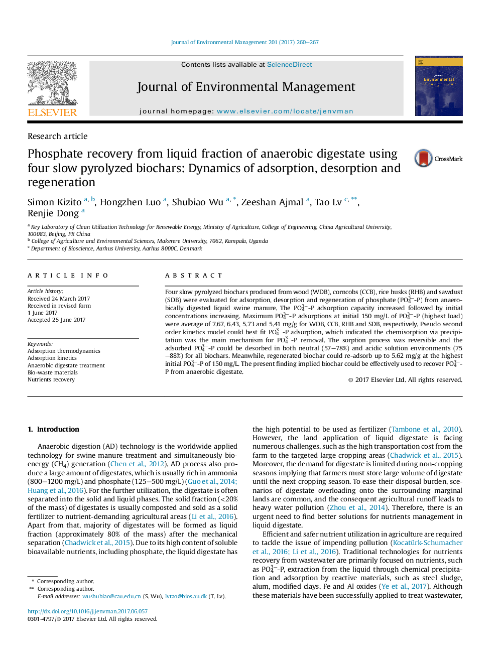 Phosphate recovery from liquid fraction of anaerobic digestate using four slow pyrolyzed biochars: Dynamics of adsorption, desorption and regeneration