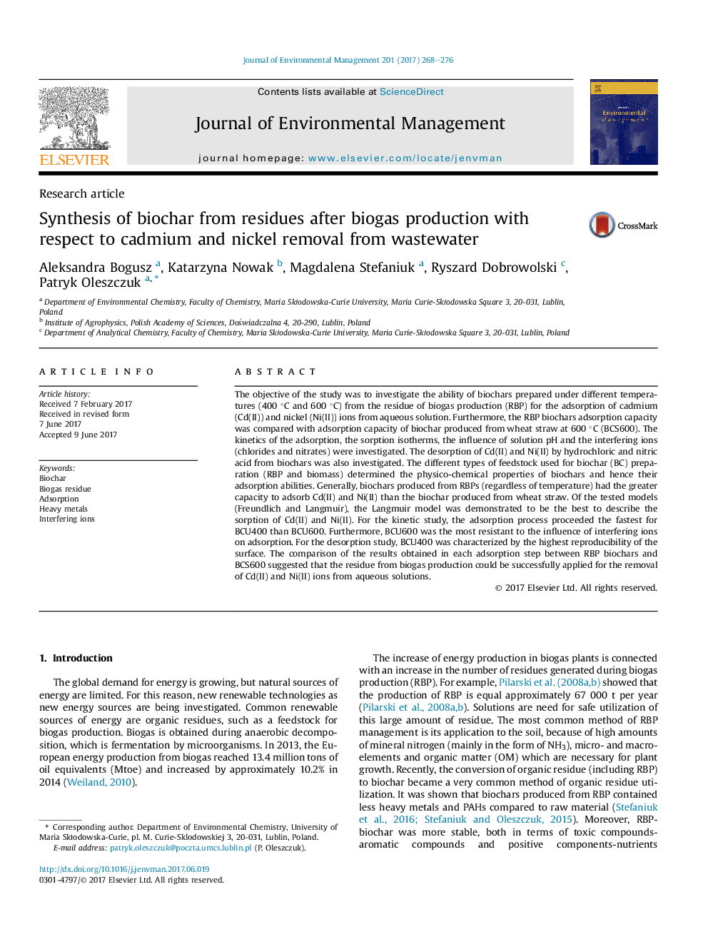 Synthesis of biochar from residues after biogas production with respect to cadmium and nickel removal from wastewater