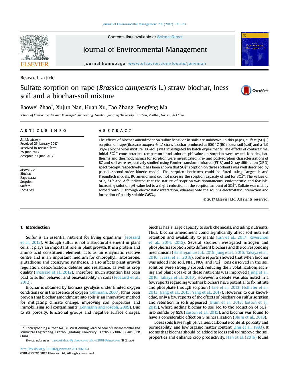 Sulfate sorption on rape (Brassica campestris L.) straw biochar, loess soil and a biochar-soil mixture