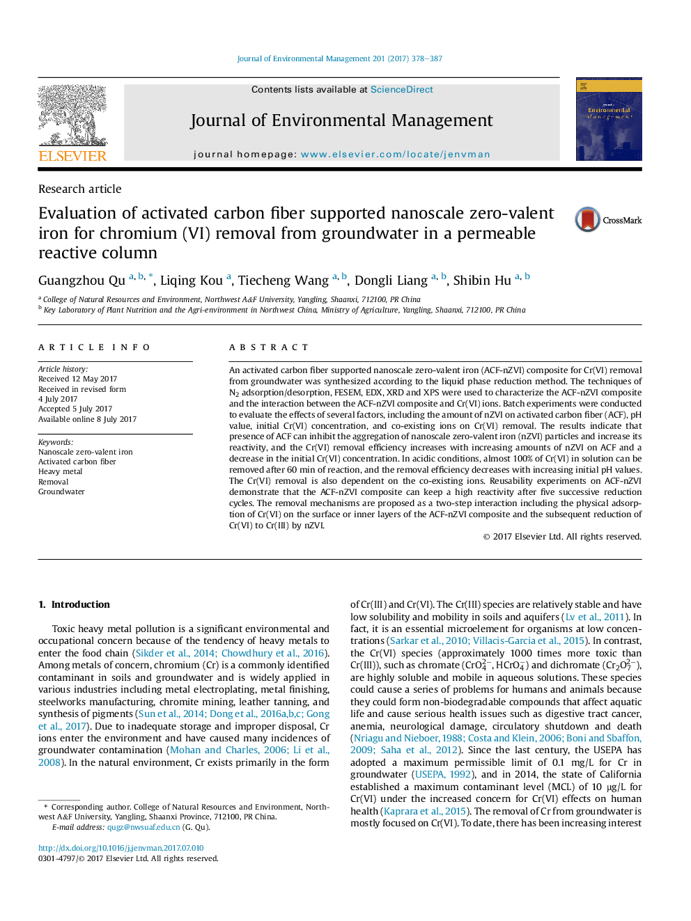 Evaluation of activated carbon fiber supported nanoscale zero-valent iron for chromium (VI) removal from groundwater in a permeable reactive column