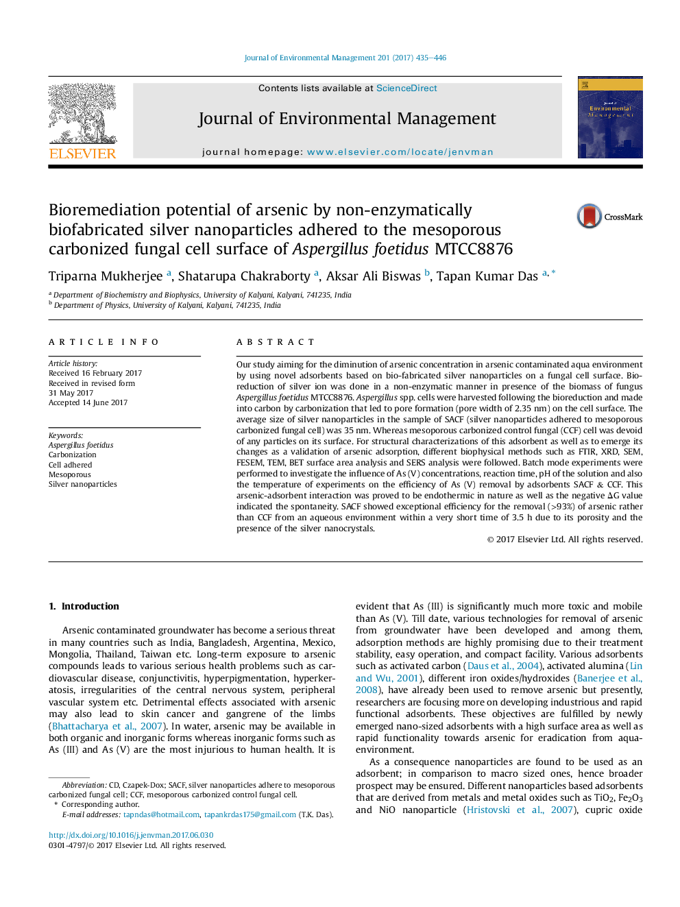 Bioremediation potential of arsenic by non-enzymatically biofabricated silver nanoparticles adhered to the mesoporous carbonized fungal cell surface of Aspergillus foetidus MTCC8876