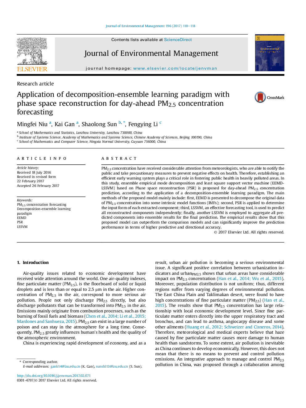 Application of decomposition-ensemble learning paradigm with phase space reconstruction for day-ahead PM2.5 concentration forecasting