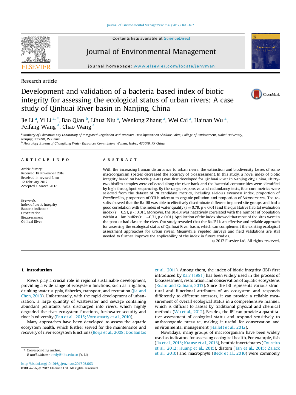 Development and validation of a bacteria-based index of biotic integrity for assessing the ecological status of urban rivers: A case study of Qinhuai River basin in Nanjing, China