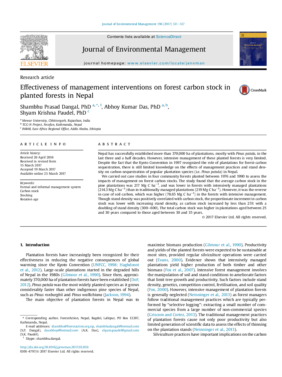 Effectiveness of management interventions on forest carbon stock in planted forests in Nepal