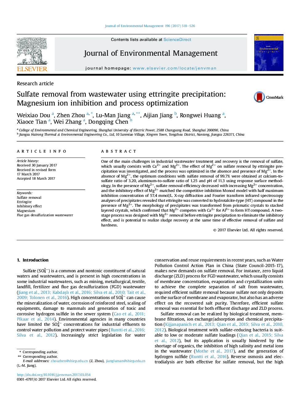 Sulfate removal from wastewater using ettringite precipitation: Magnesium ion inhibition and process optimization