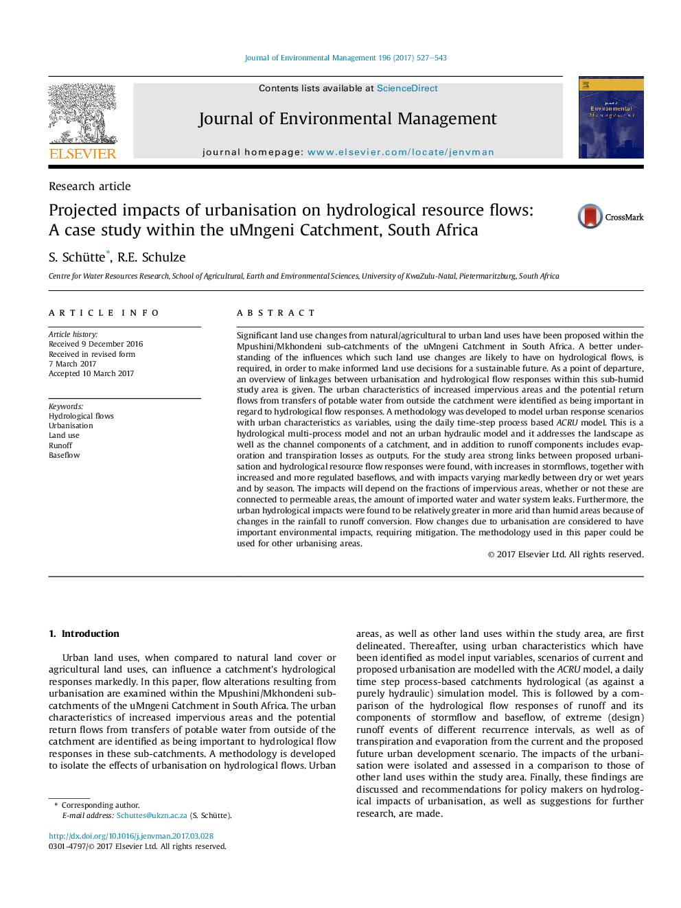 Projected impacts of urbanisation on hydrological resource flows: AÂ case study within the uMngeni Catchment, South Africa