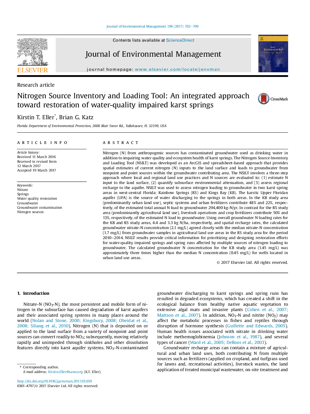 Nitrogen Source Inventory and Loading Tool: An integrated approach toward restoration of water-quality impaired karst springs