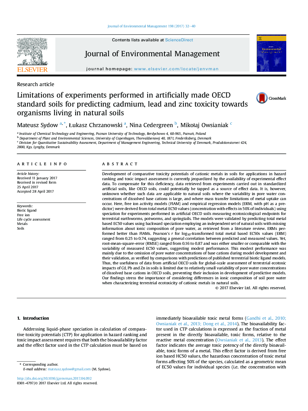 Limitations of experiments performed in artificially made OECD standard soils for predicting cadmium, lead and zinc toxicity towards organisms living in natural soils