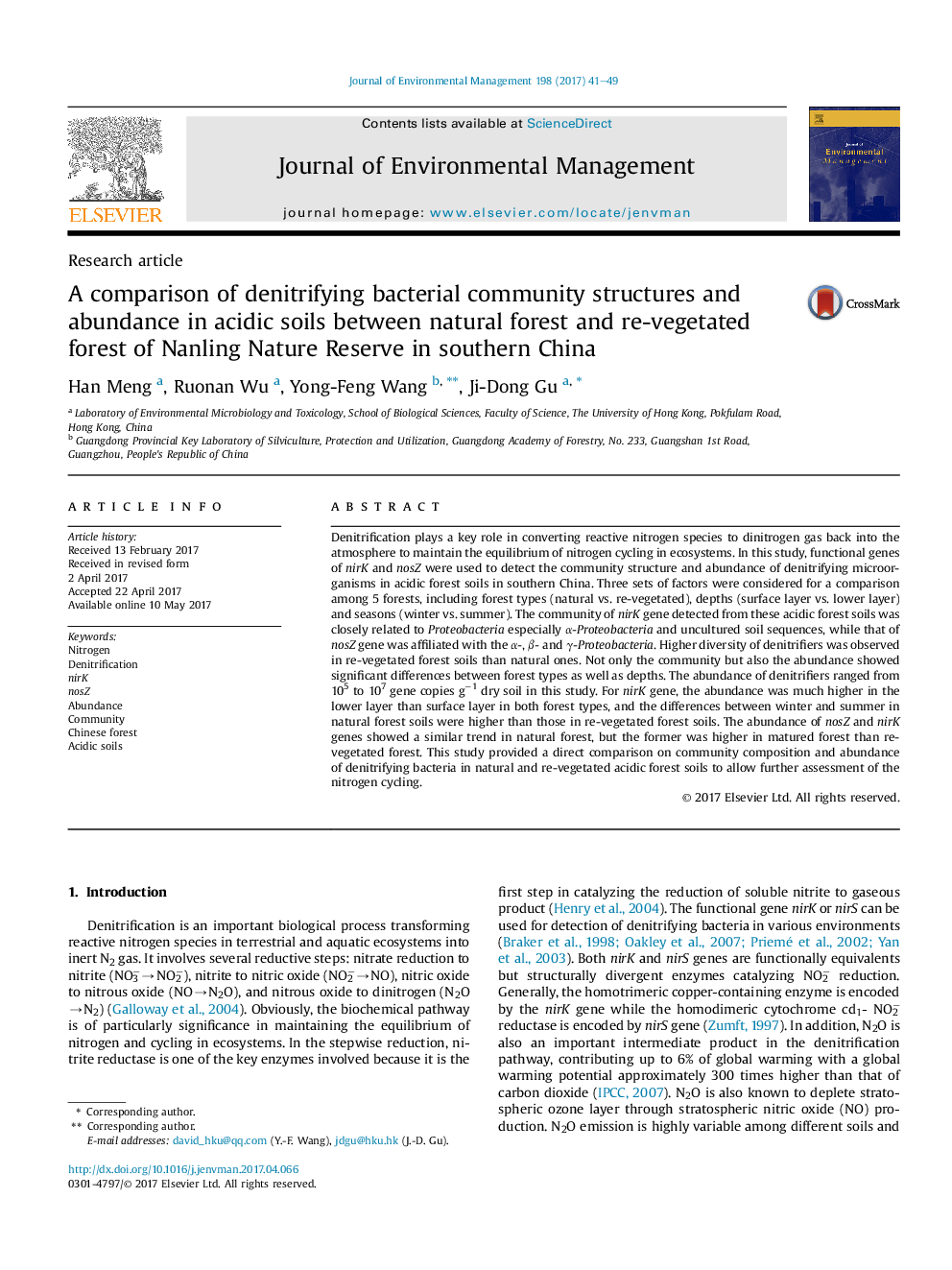 A comparison of denitrifying bacterial community structures and abundance in acidic soils between natural forest and re-vegetated forest of Nanling Nature Reserve in southern China