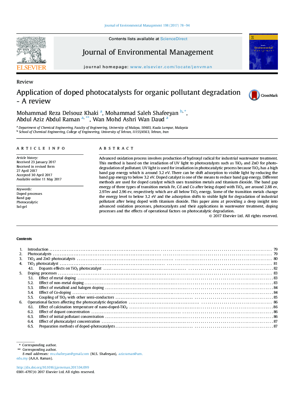 Application of doped photocatalysts for organic pollutant degradation - A review