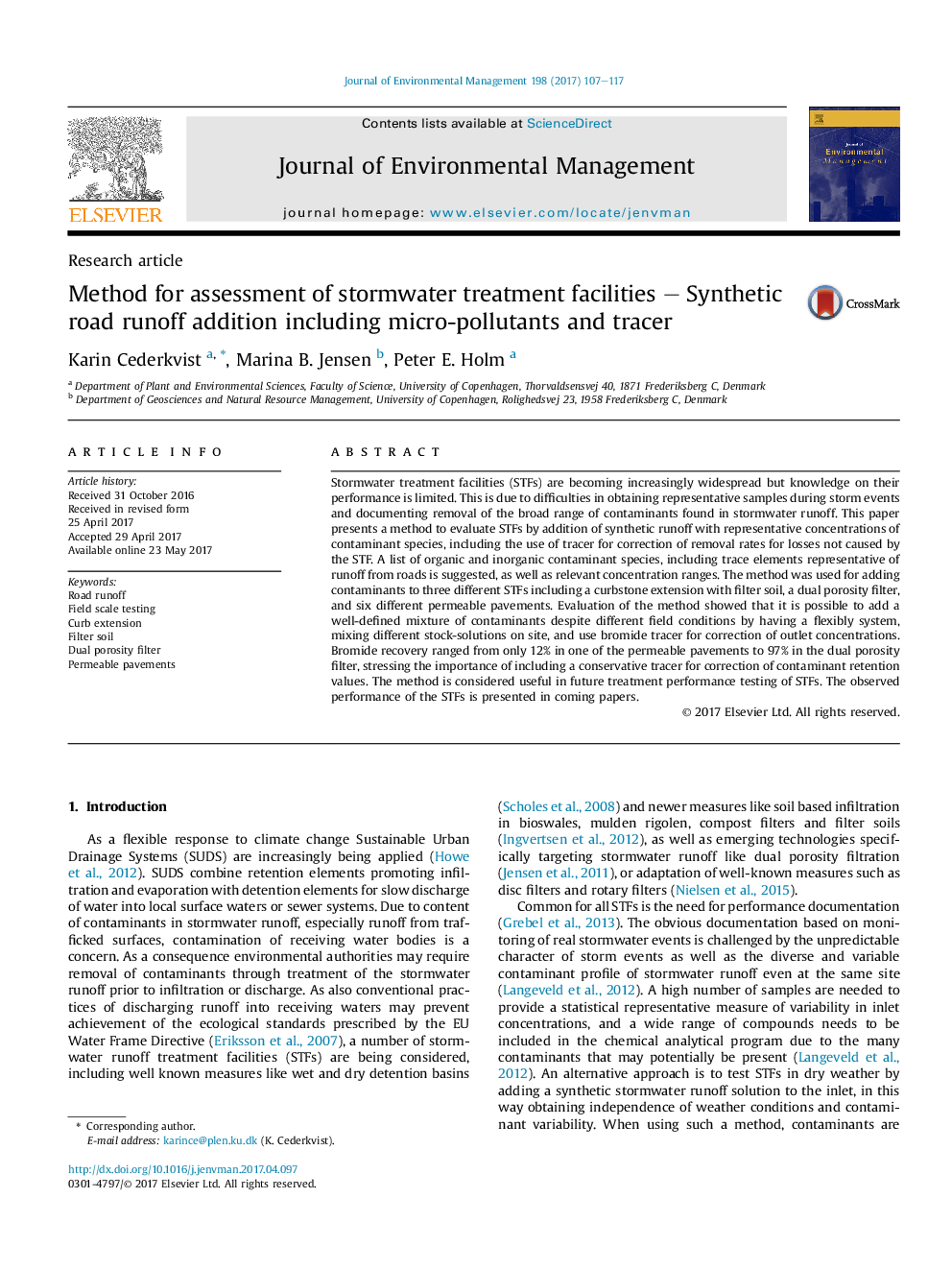 Method for assessment of stormwater treatment facilities - Synthetic road runoff addition including micro-pollutants and tracer