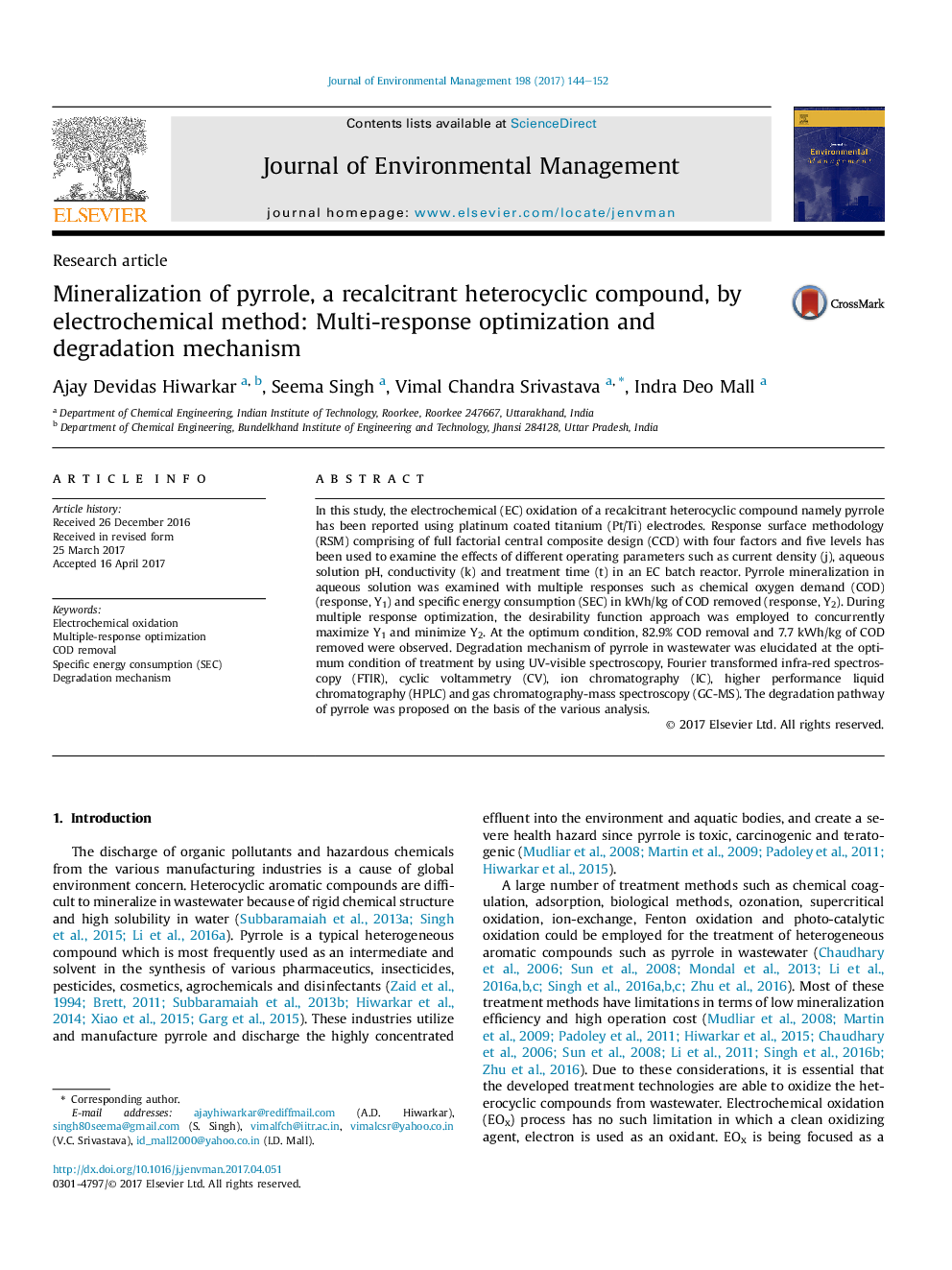 Mineralization of pyrrole, a recalcitrant heterocyclic compound, by electrochemical method: Multi-response optimization and degradation mechanism