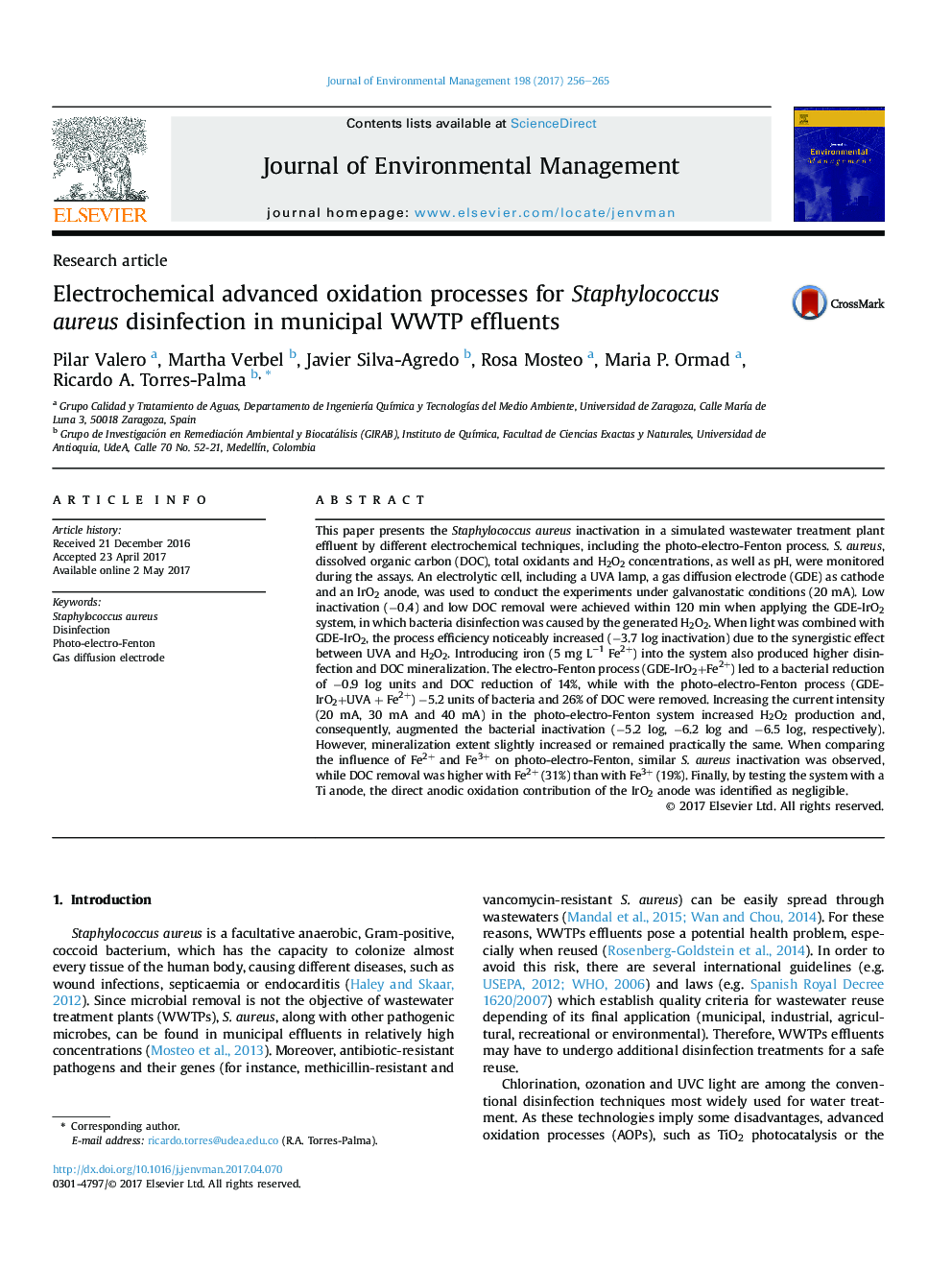 Electrochemical advanced oxidation processes for Staphylococcus aureus disinfection in municipal WWTP effluents