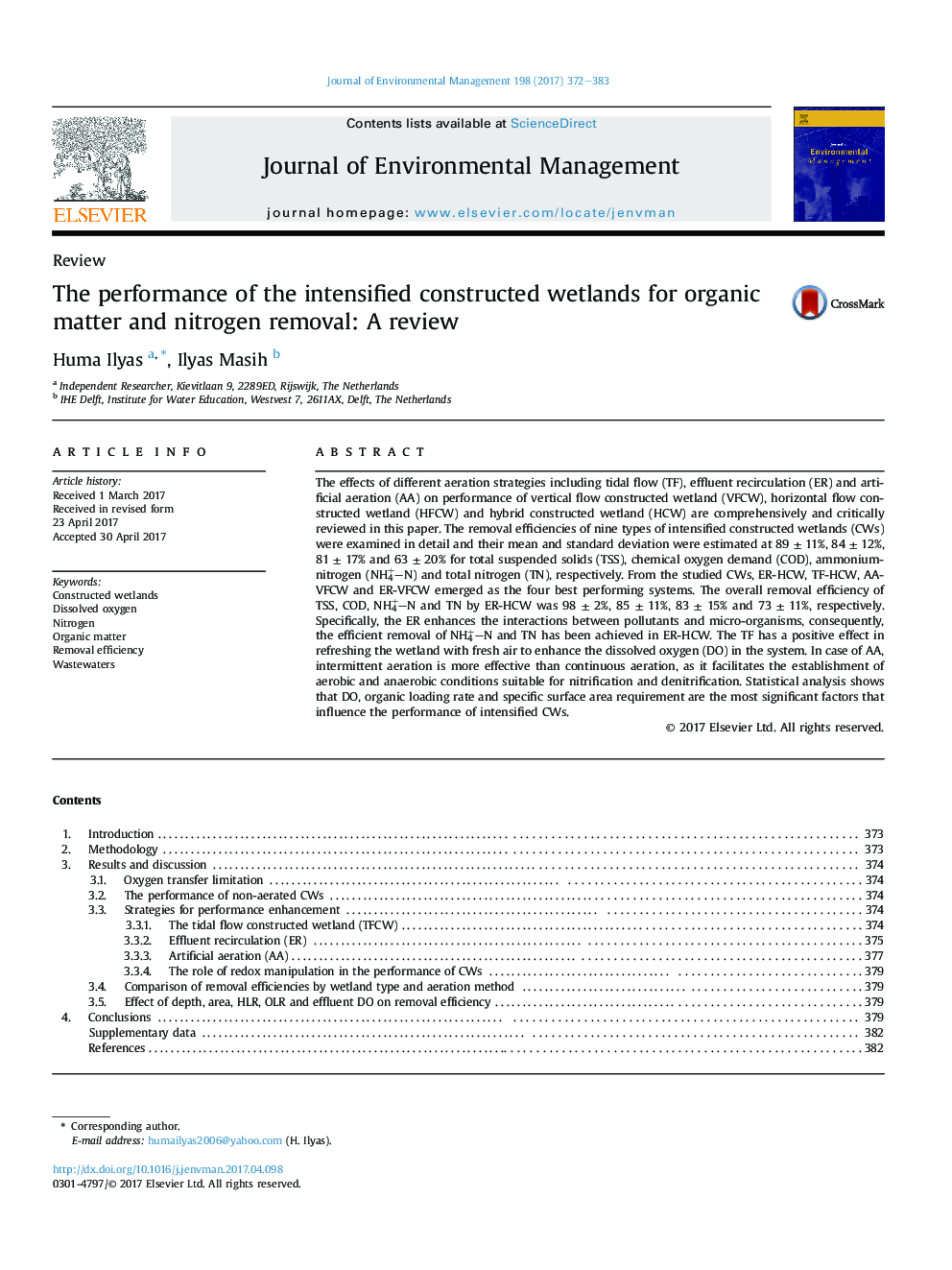 The performance of the intensified constructed wetlands for organic matter and nitrogen removal: A review