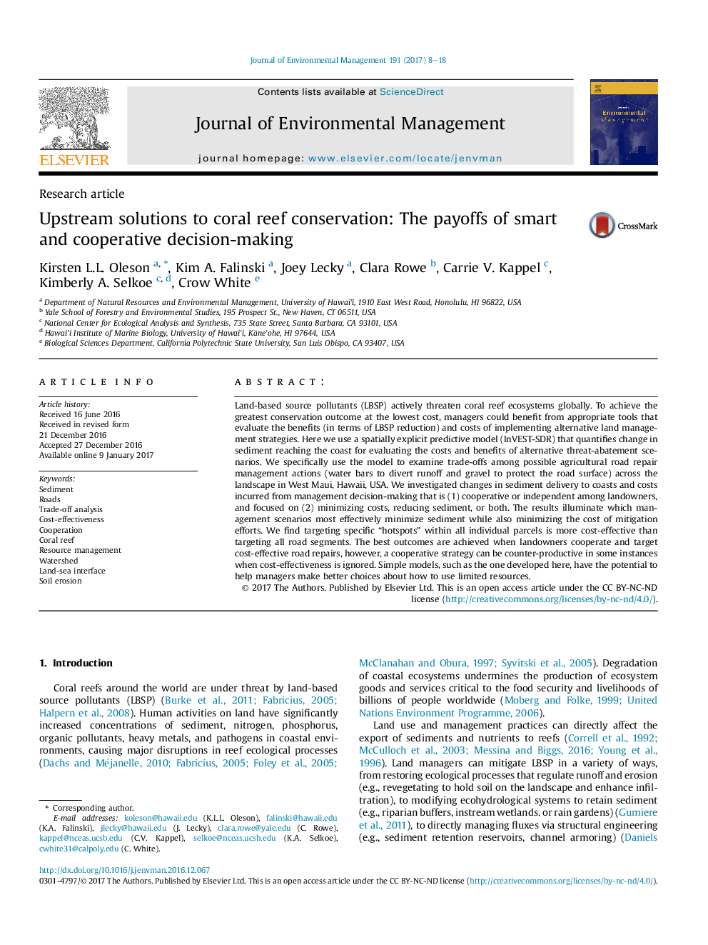 Upstream solutions to coral reef conservation: The payoffs of smart and cooperative decision-making