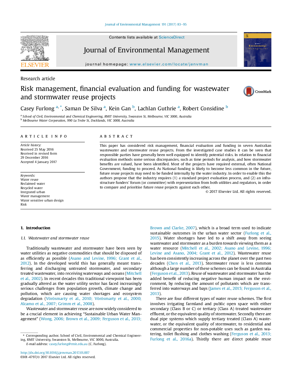 Risk management, financial evaluation and funding for wastewater and stormwater reuse projects