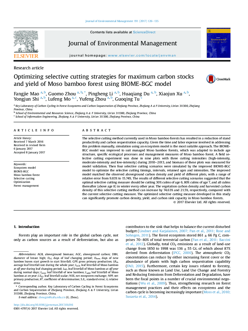 Optimizing selective cutting strategies for maximum carbon stocks and yield of Moso bamboo forest using BIOME-BGC model