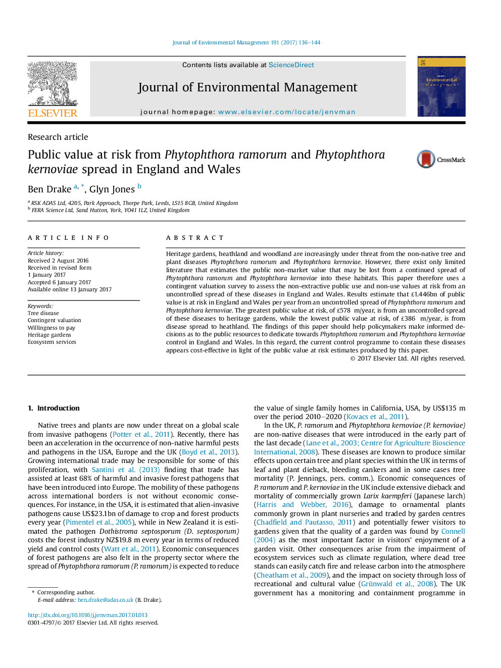 Public value at risk from Phytophthora ramorum and Phytophthora kernoviae spread in England and Wales