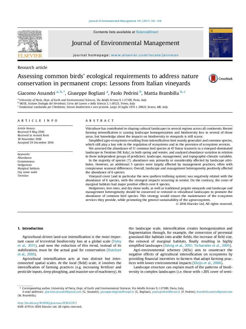 Assessing common birds' ecological requirements to address nature conservation in permanent crops: Lessons from Italian vineyards