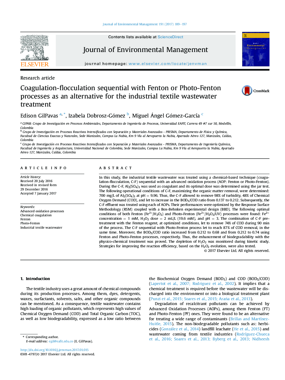 Coagulation-flocculation sequential with Fenton or Photo-Fenton processes as an alternative for the industrial textile wastewater treatment