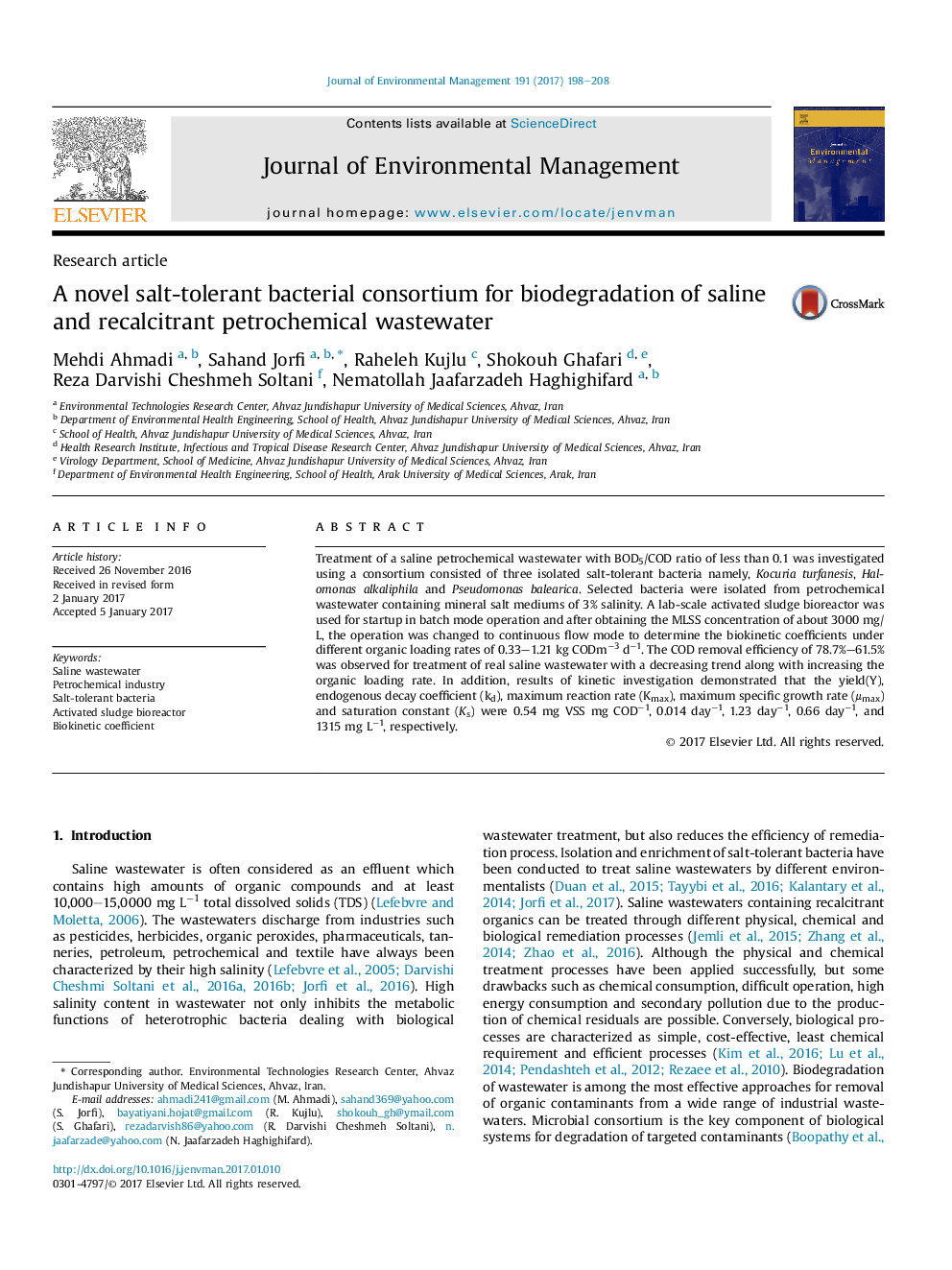 A novel salt-tolerant bacterial consortium for biodegradation of saline and recalcitrant petrochemical wastewater