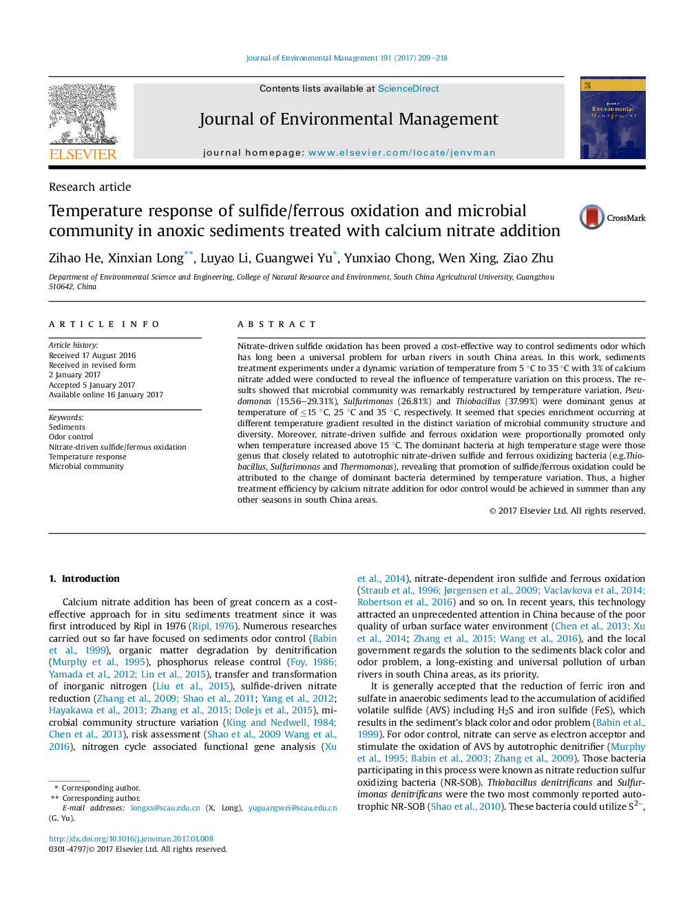 Temperature response of sulfide/ferrous oxidation and microbial community in anoxic sediments treated with calcium nitrate addition