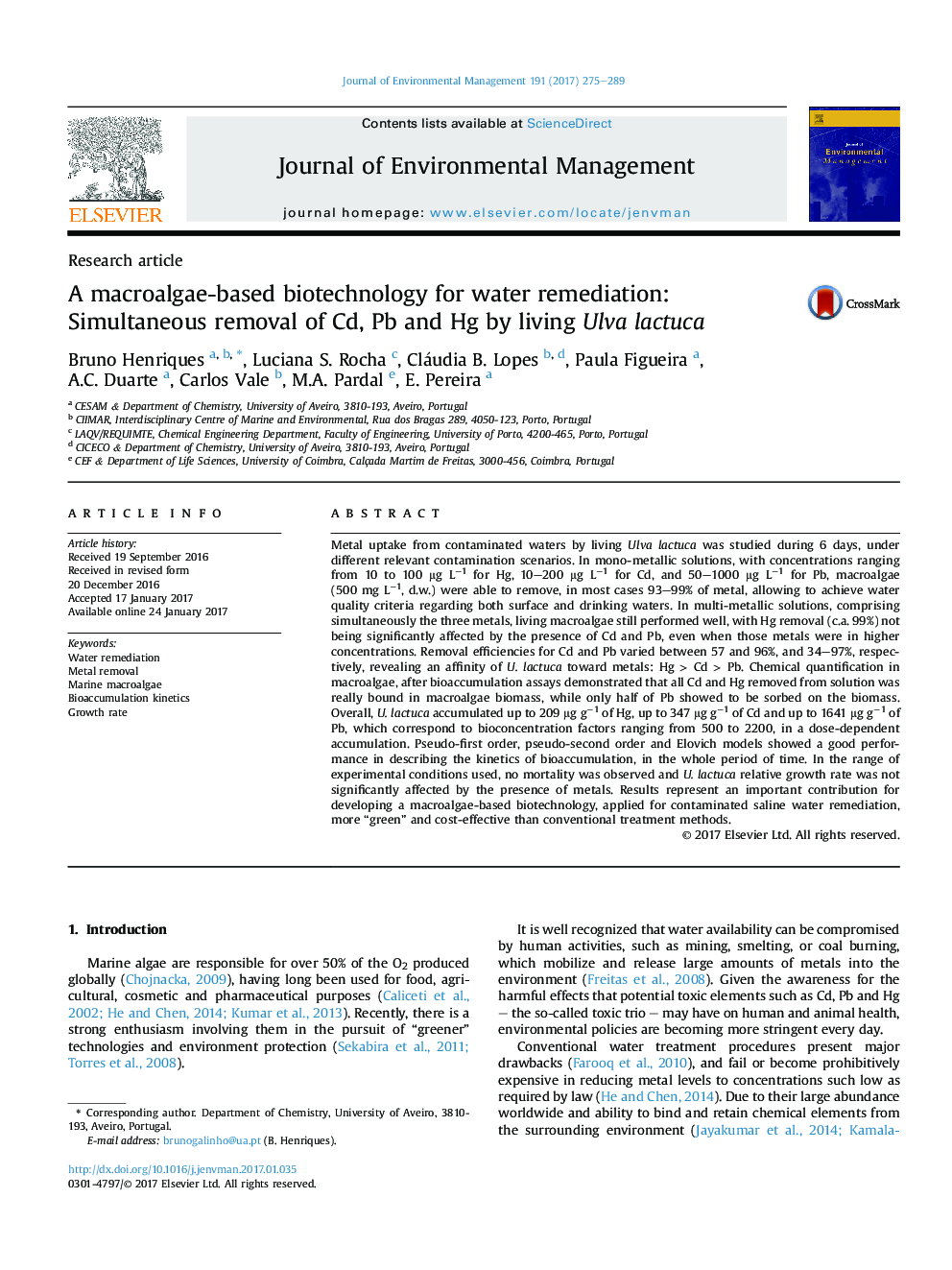 A macroalgae-based biotechnology for water remediation: Simultaneous removal of Cd, Pb and Hg by living Ulva lactuca