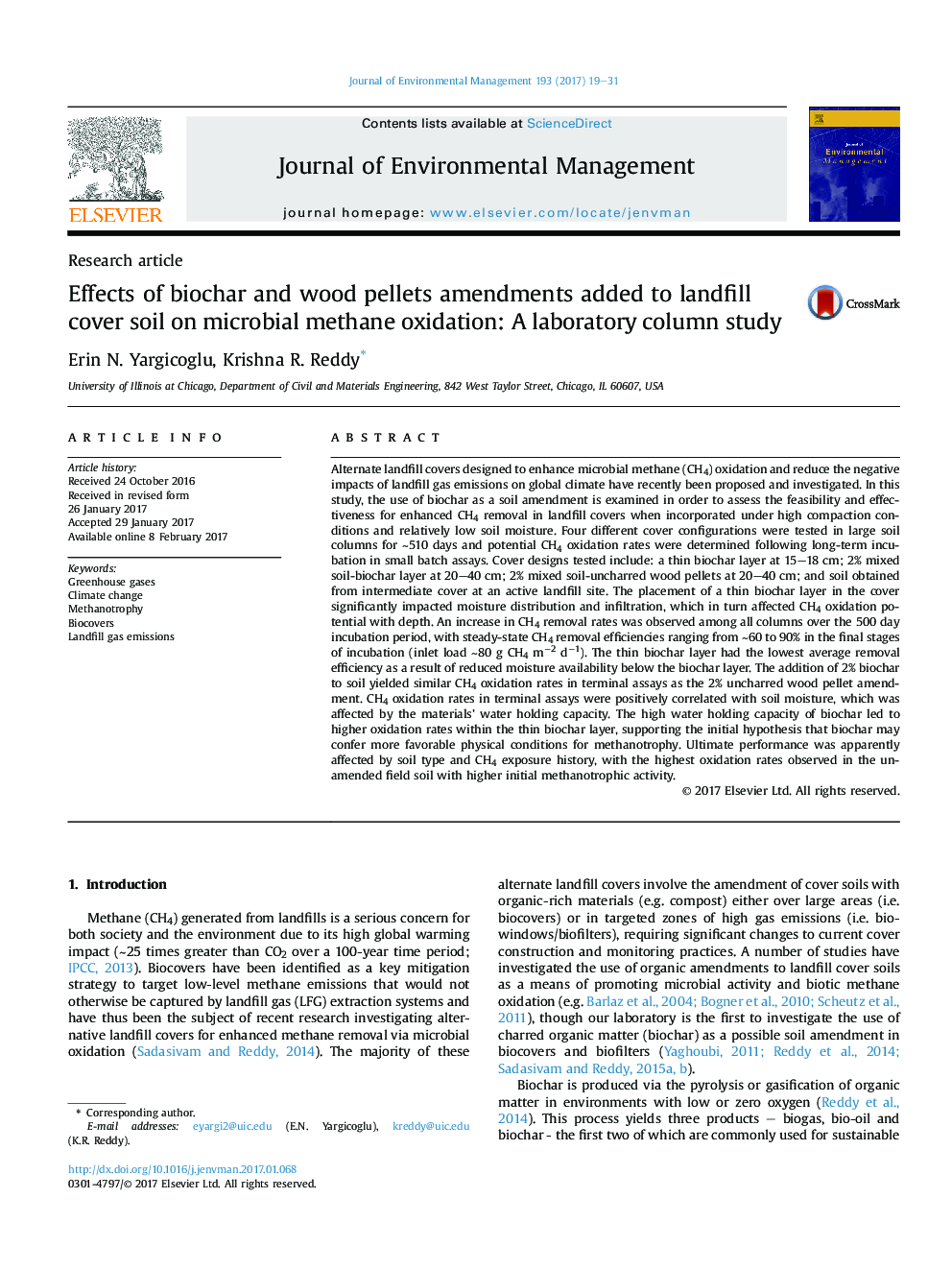 Effects of biochar and wood pellets amendments added to landfill cover soil on microbial methane oxidation: A laboratory column study