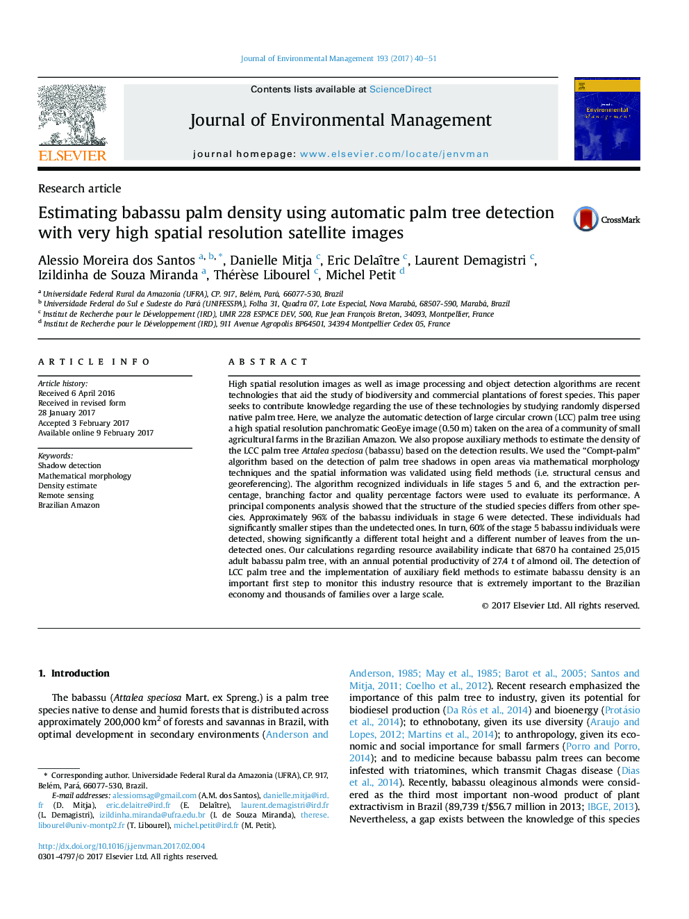 Estimating babassu palm density using automatic palm tree detection with very high spatial resolution satellite images