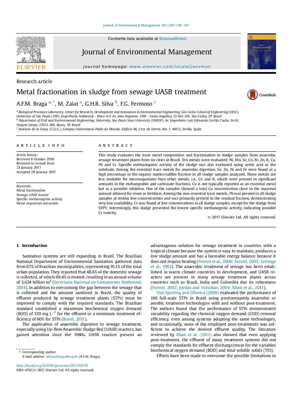 Metal fractionation in sludge from sewage UASB treatment