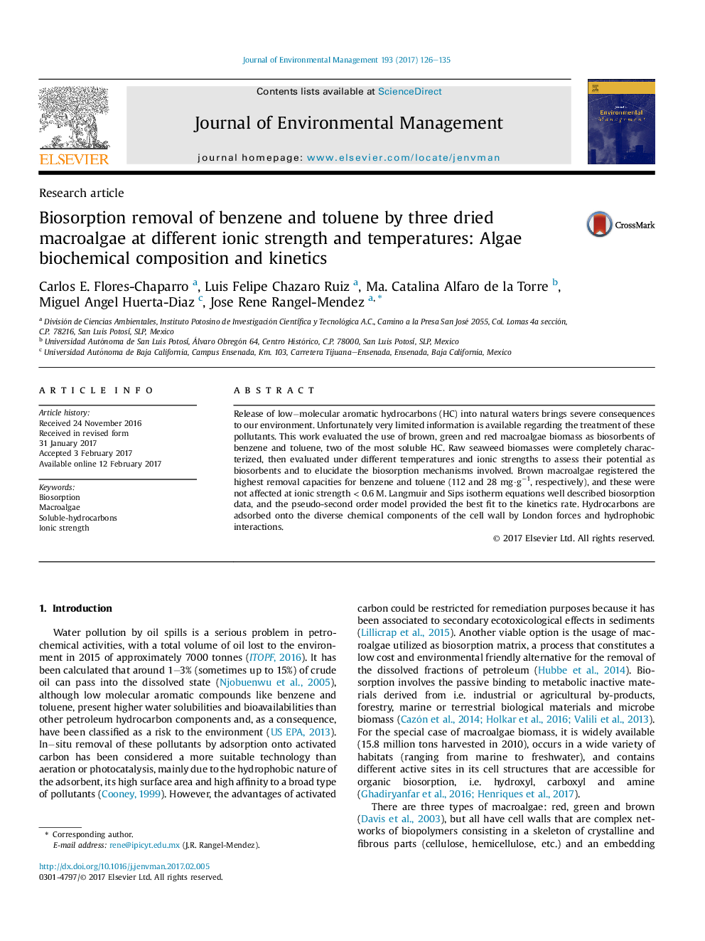 Biosorption removal of benzene and toluene by three dried macroalgae at different ionic strength and temperatures: Algae biochemical composition and kinetics