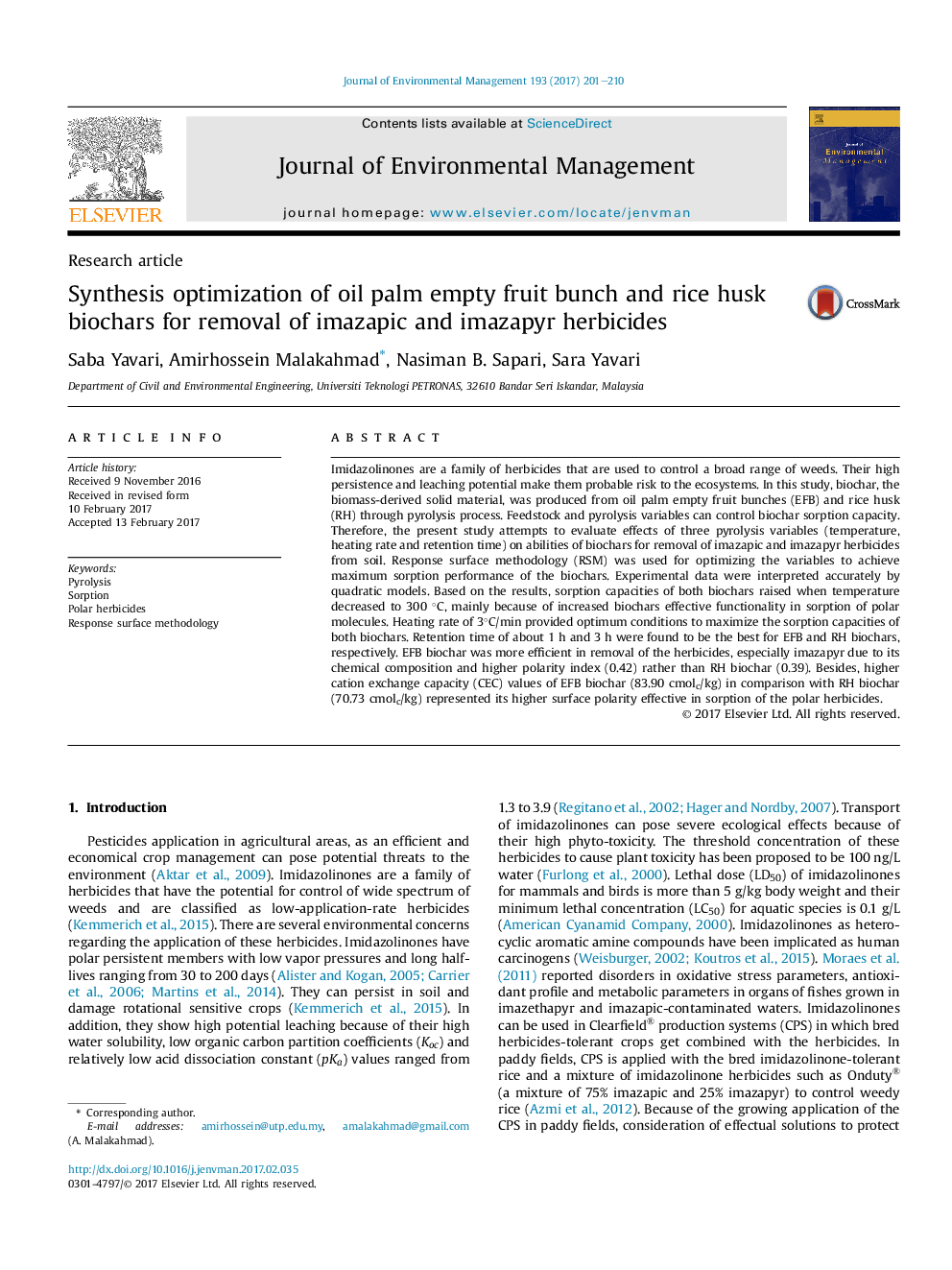 Synthesis optimization of oil palm empty fruit bunch and rice husk biochars for removal of imazapic and imazapyr herbicides