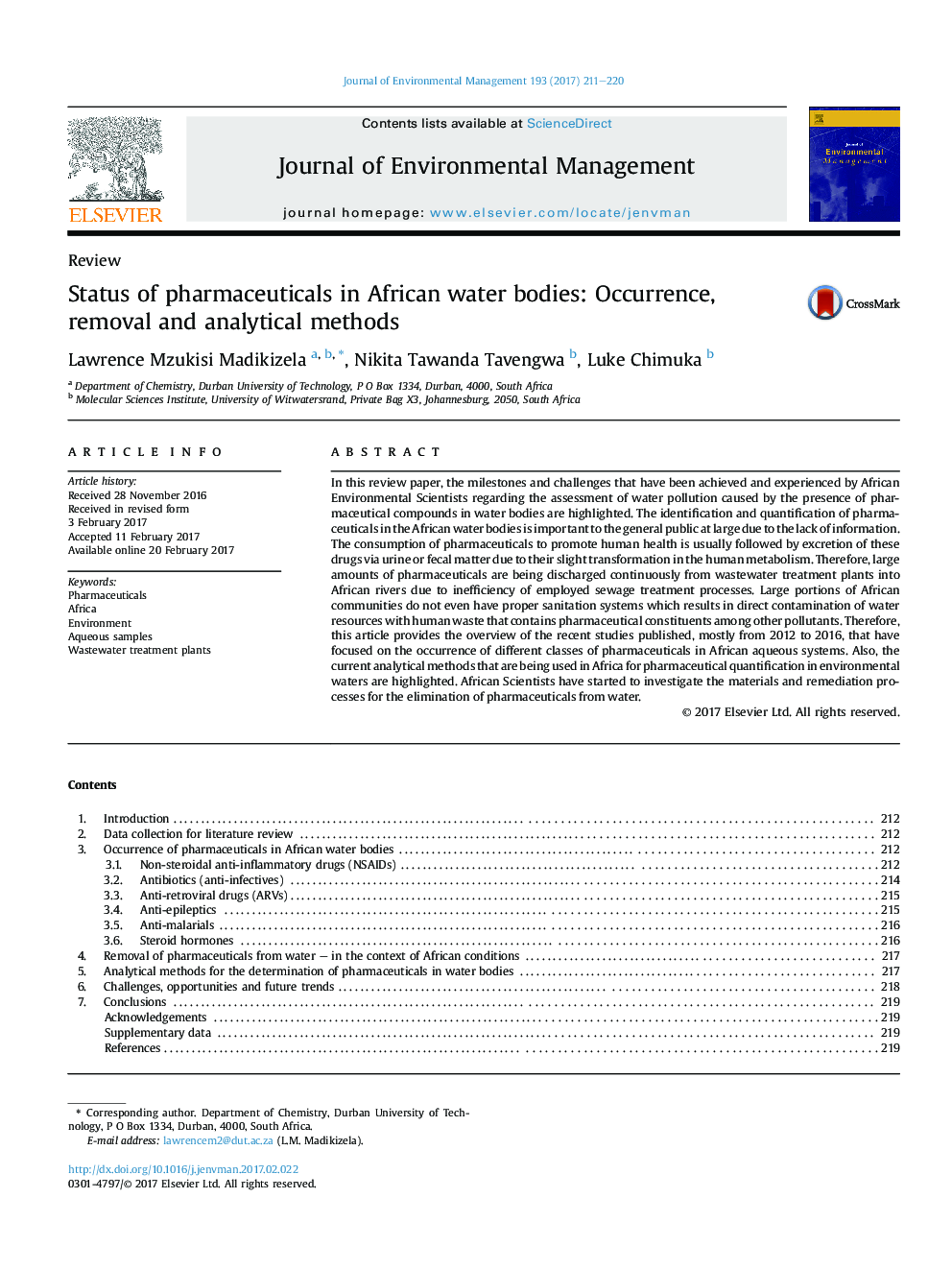 Status of pharmaceuticals in African water bodies: Occurrence, removal and analytical methods