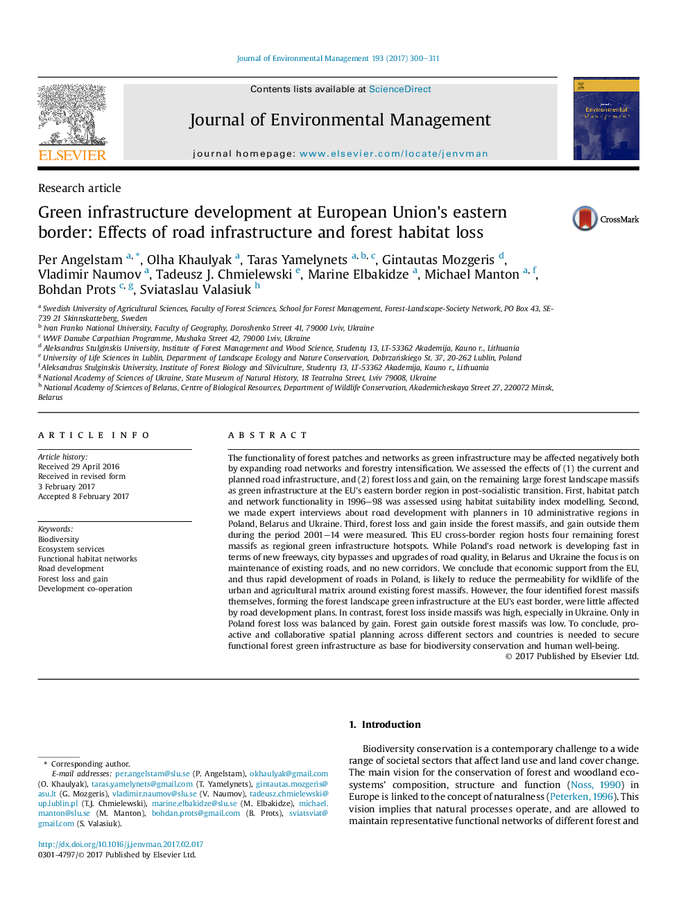 Green infrastructure development at European Union's eastern border: Effects of road infrastructure and forest habitat loss