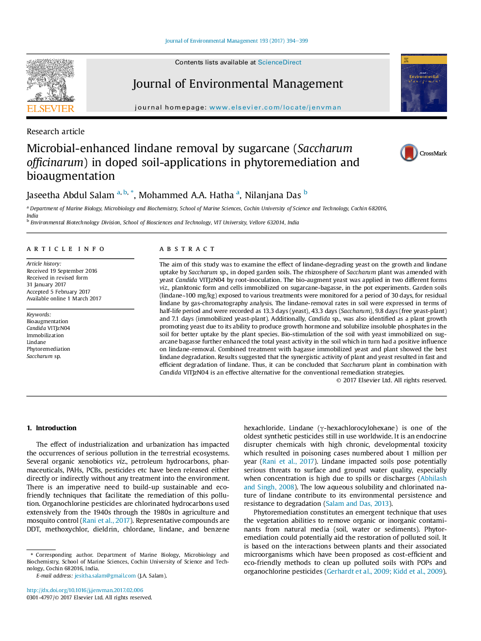 Microbial-enhanced lindane removal by sugarcane (Saccharum officinarum) in doped soil-applications in phytoremediation and bioaugmentation