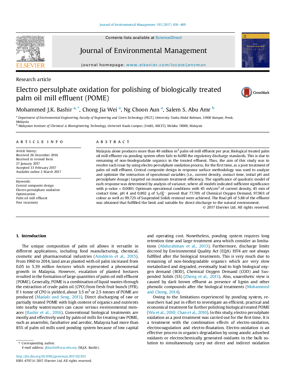 Electro persulphate oxidation for polishing of biologically treated palm oil mill effluent (POME)